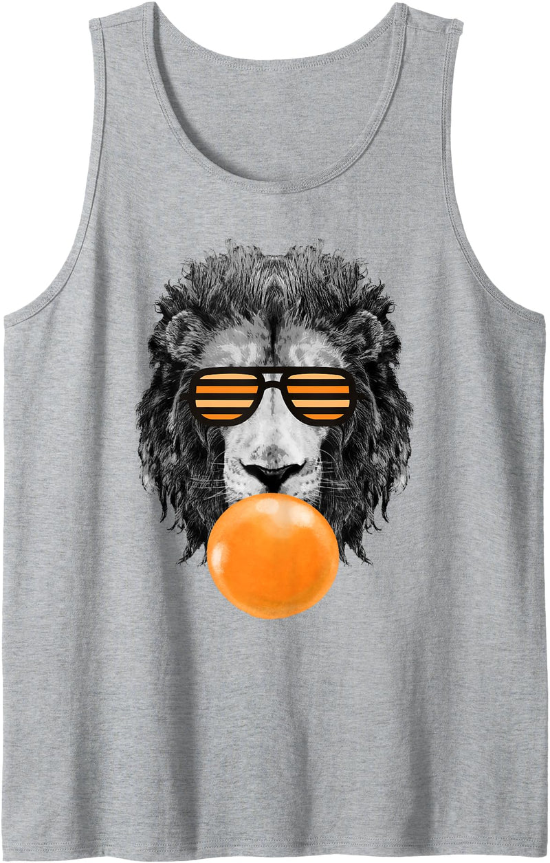 Bubble Gum Animals Lions Face Kids, Women, Men Orange Bubble Gum Lion Stripe Sunglasses Lion Head Tank Top - Heather Grey