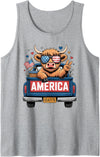 America Highland Cow Fireworks Truck Parade Gifts Patriotic Truck Highland Cow Cute 4th of July American Flag Tank Top -