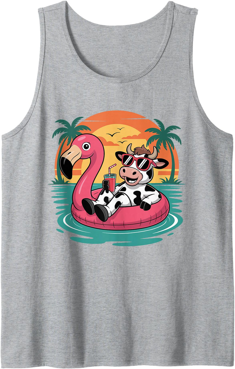 Funny Cow Summer Vacation tee Funny Cow Hawaiian Float Beach Summer Vacation Cow Tank Top - Heather Grey