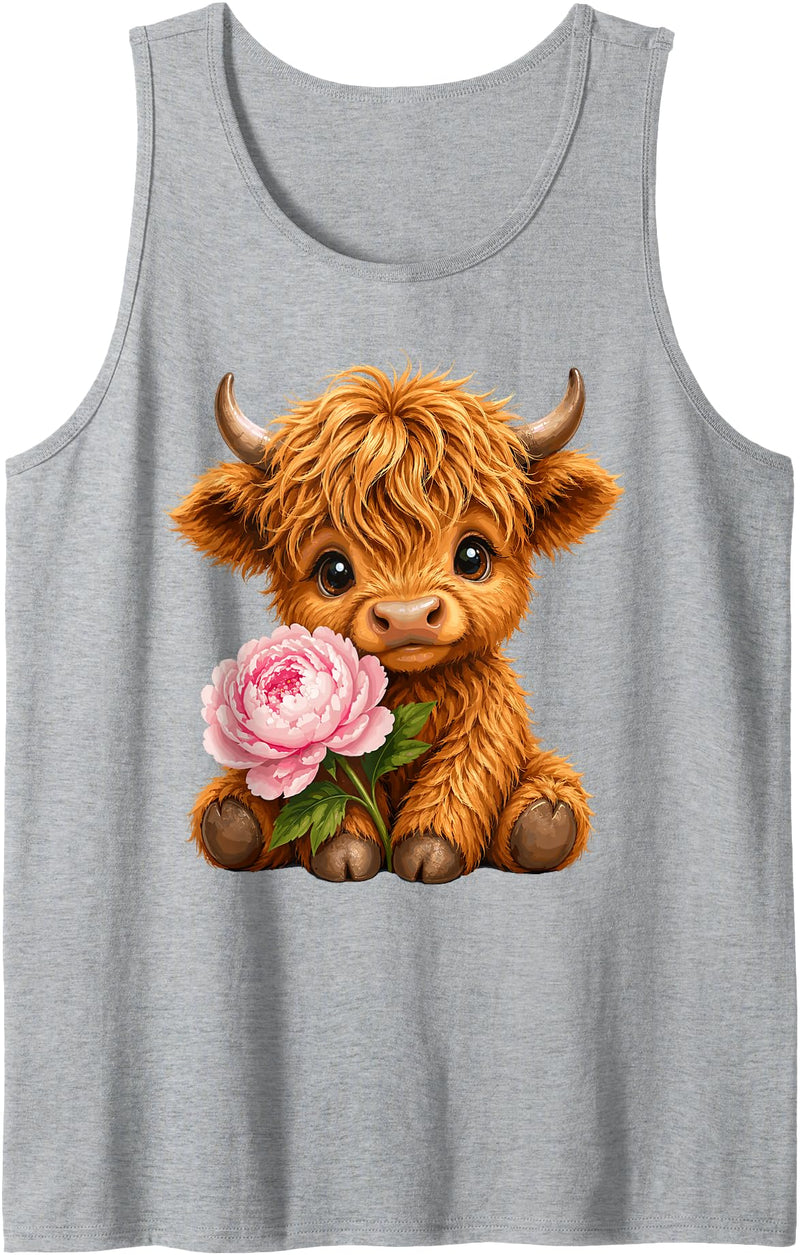Cute Highland Cow Lover Gifts f Kids, Girls, Women Highland Cow with Peony Tank Top - Heather Grey