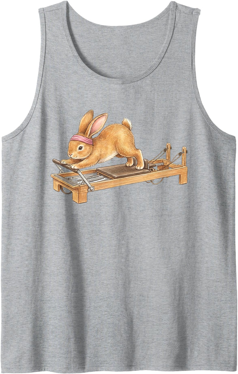 Cute Bunny Doing Reformer Pilates Machine Easter Pilates Tank Top in Heather Grey
