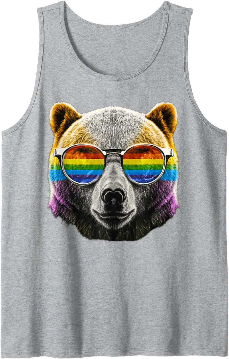 Gay Daddy Bear Funny LGBT Gay Pride LGBTQIA Gifts Mens Gay Bear LGBTQ Rainbow Sunglasses Pride Flag Daddy Bear Tank Top - Heather Grey