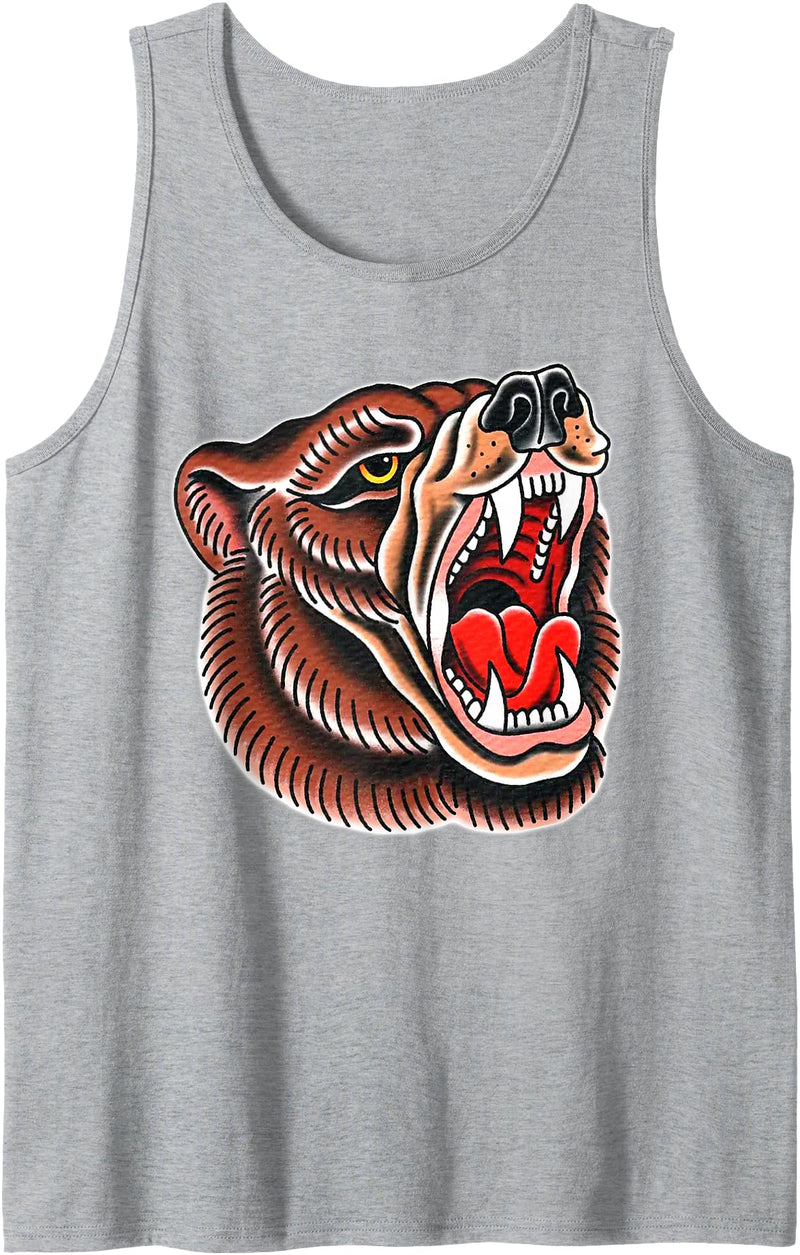 Urban Empyre Grizzly Bear Brown Tattoo Flash Tank Top - Heather Grey