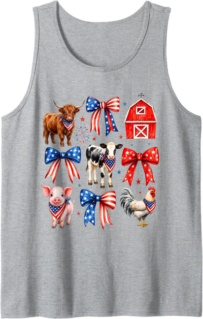 Patriotic Farm Animals 4th of July Barn Cow Pig Chicken Bow Tank Top