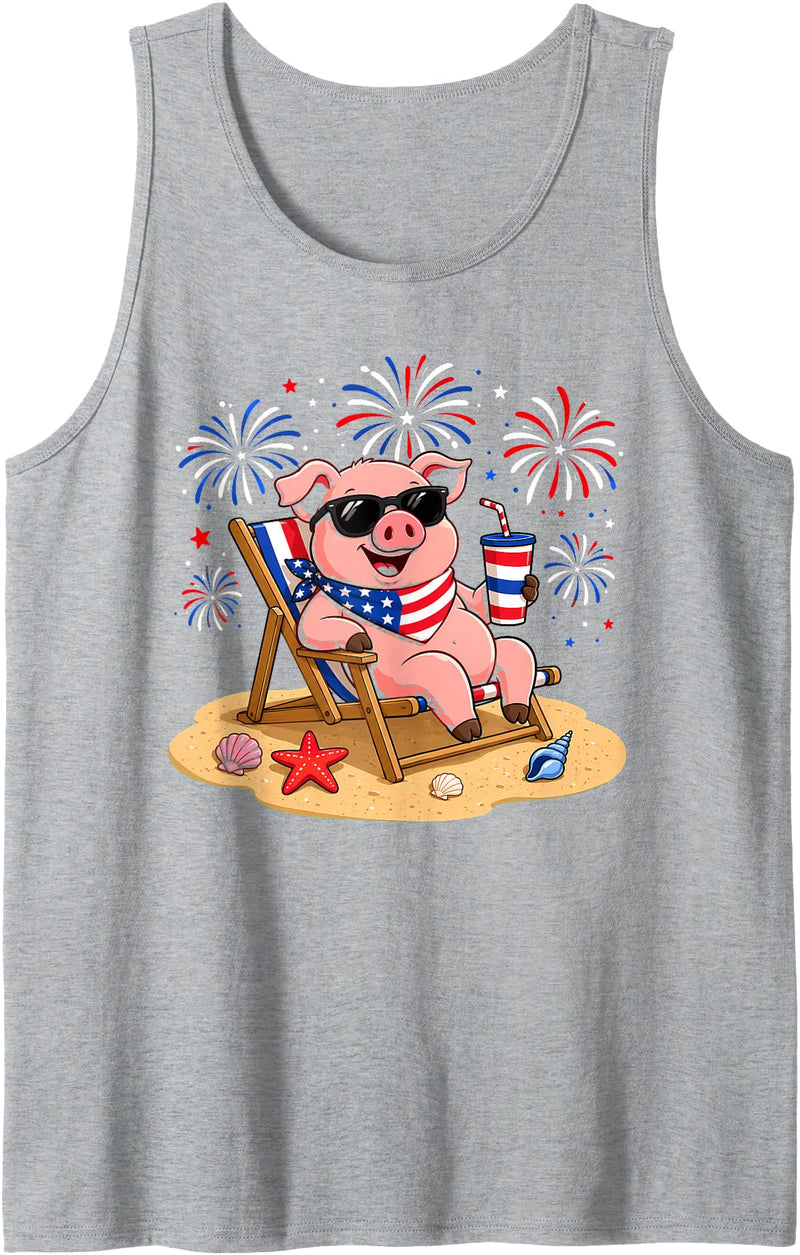 Pig Patriotic Happy Beach Paws Co 4th of July Pig Happy Beach Patriotic Animal Lovers Tank Top - Heather Grey