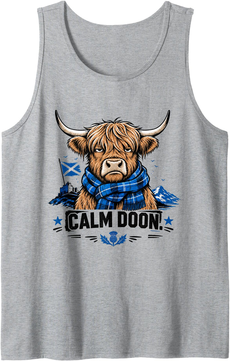 Calm Doon Highland Cow Apparel Calm Doon Scottish Highland Cow Scotland Tank Top - Heather Grey