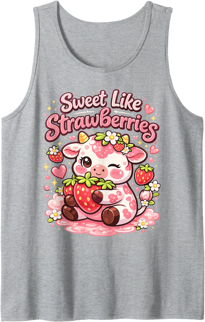 Sweet Like Strawberries Cute Cow Kawaii Fruit Tank Top - Heather Grey