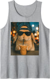 Funny Rabbit Drinking Iced Coffee Bunny Tank Top in Heather Grey