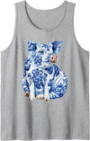 Artistic Blue Floral Animals Art Designs Co Pig with Flowers Chinoiserie Blue Toile Floral Delft Art Tank Top - Heather Grey