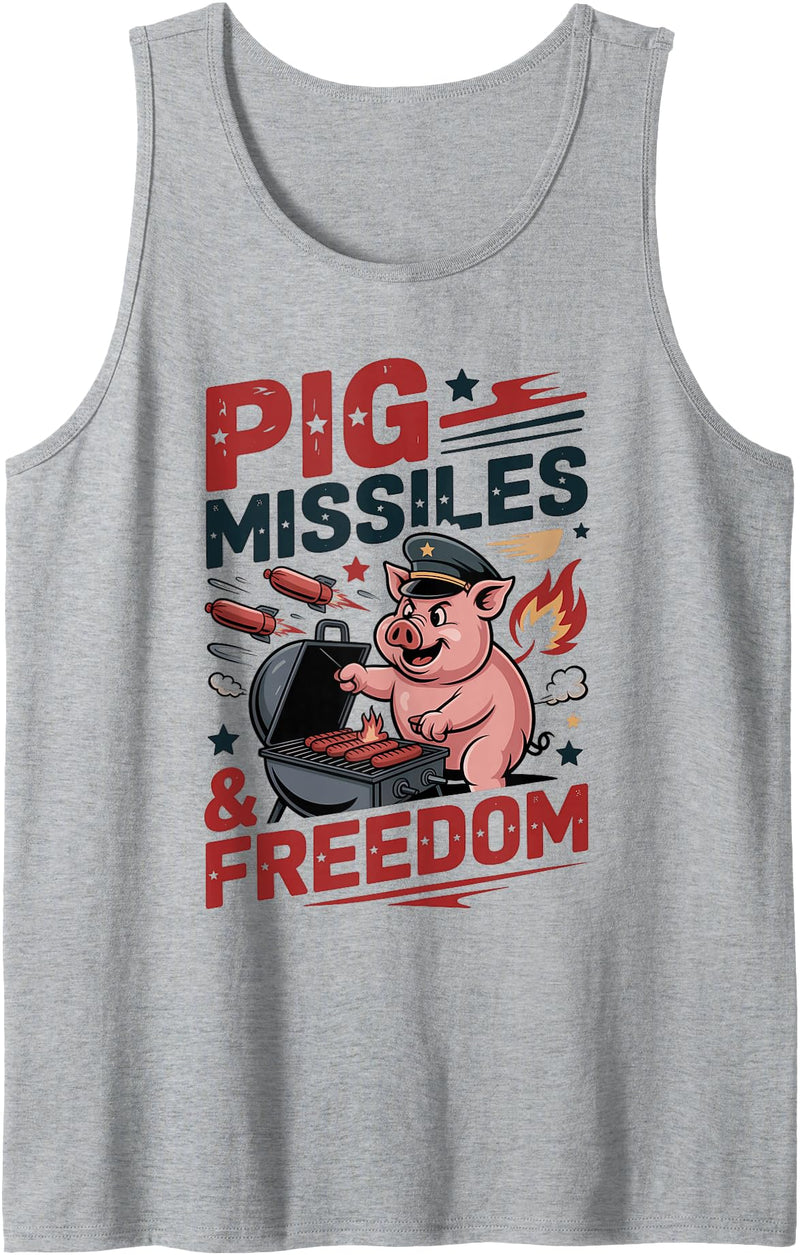 Retro Pig Rocket Freedom Party USA Co Pig Missiles and Freedom 4th of July USA Pig Rocket Tank Top - Heather Grey