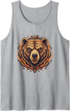 Wild Grizzly Bear Fire Mountain Nature Fiery Grizzly Bear Head Flames Wilderness Tank Top - Heather Grey