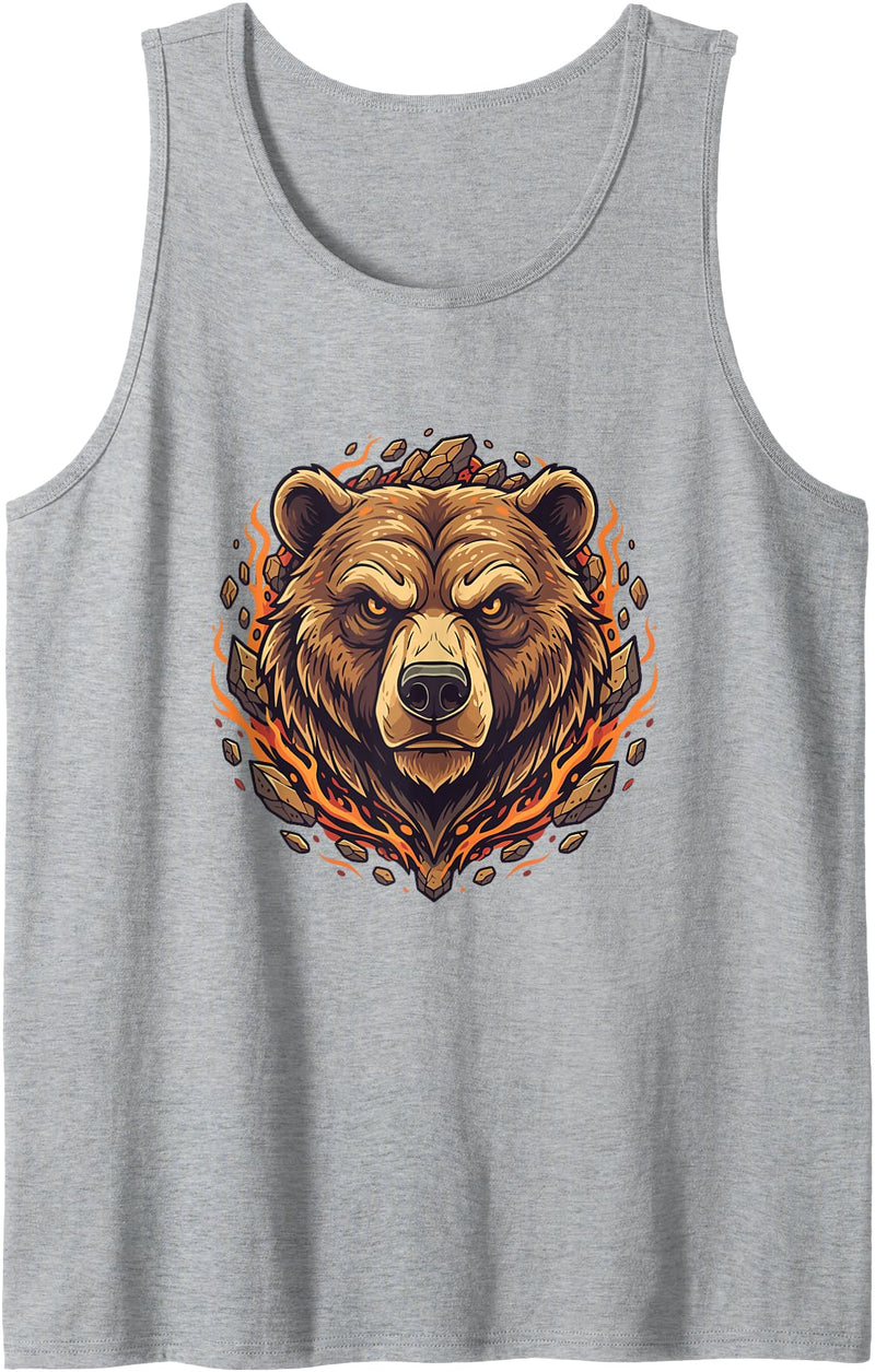 Wild Grizzly Bear Fire Mountain Nature Fiery Grizzly Bear Head Flames Wilderness Tank Top - Heather Grey