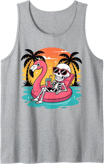 Summer Skeleton Flamingo Float tee Summer Skeleton Float Vacation Beach Tank Top