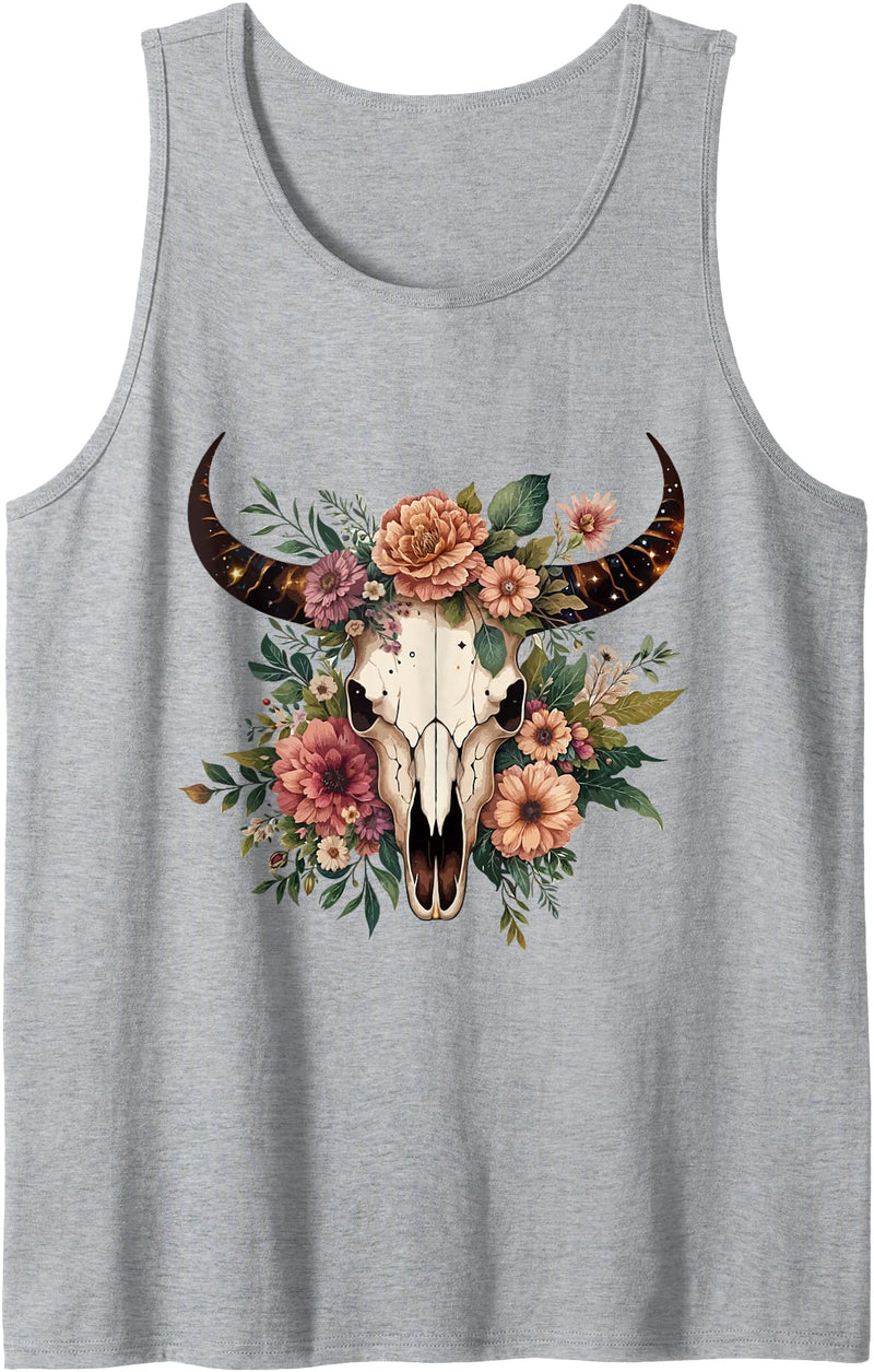 Funny Cow Skull Floral farm Western Country Outfit Boho Cow Bull Skull Flowers Wild west Western Cowgirl Texans Tank Top -