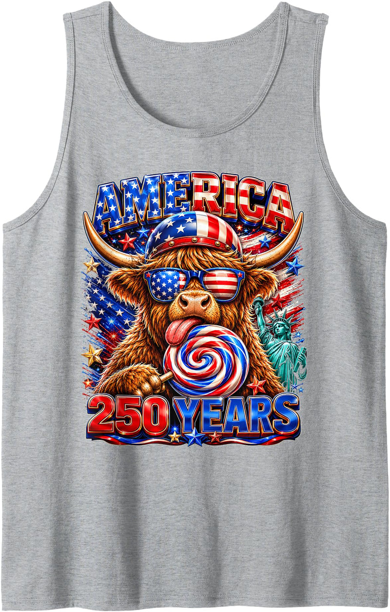 Patriotic Highland Cow Fourth of July USA Flag 1776 2026 America 250th Anniversary Highland Cow 4th of July Tank Top -