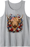 Funny July 4th Highland Cow Farm Lovers Highland Cow Florals 4th of July USA Flag Patriotic Women Tank Top - Heather Grey