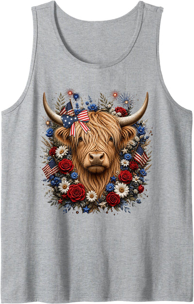 Funny July 4th Highland Cow Farm Lovers Florals 4th of July Tank Top
