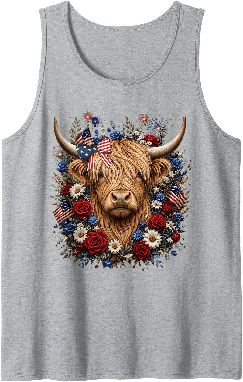 Funny July 4th Highland Cow Farm Lovers Highland Cow Florals 4th of July USA Flag Patriotic Women Tank Top - Heather Grey