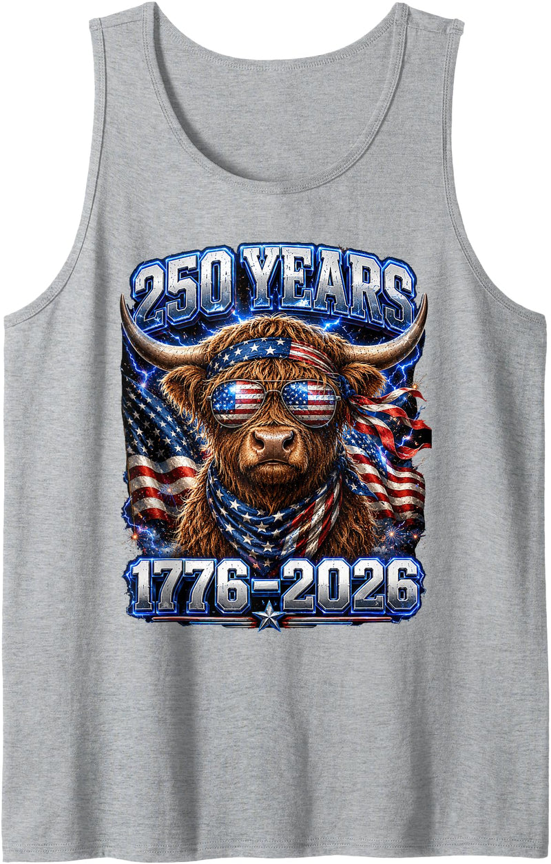 Independence Day Farmer Fourth of July Farm America Flag Highland Cow 4th of July Farm 250th Anniversary Tank Top - Heather