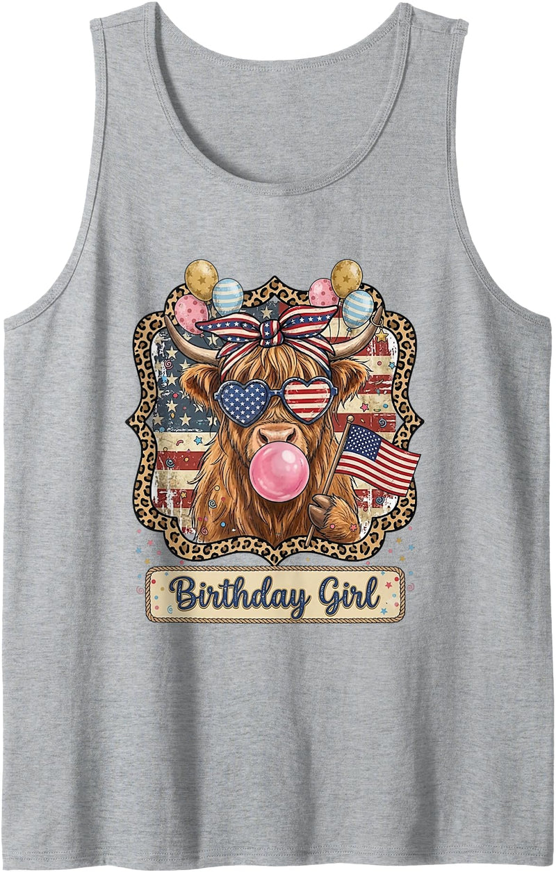 Patriotic Highland Cow Birthday Girl Flag Apparel Patriotic Highland Cow Birthday Girl Flag Design Tank Top - Heather Grey