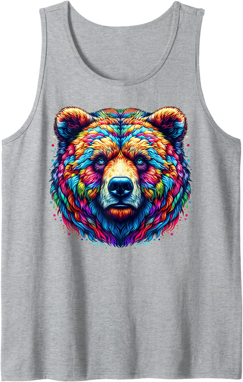 Grizzly Bear Illustration Tie Dye Cool Grizzly Bear Spirit Animal Illustration Tie Dye Art Tank Top - Heather Grey