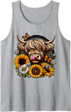 Magical and Funny Highland Cow Farmer Gifts Highland Cow with Sunflowers and Butterflies Tank Top - Heather Grey