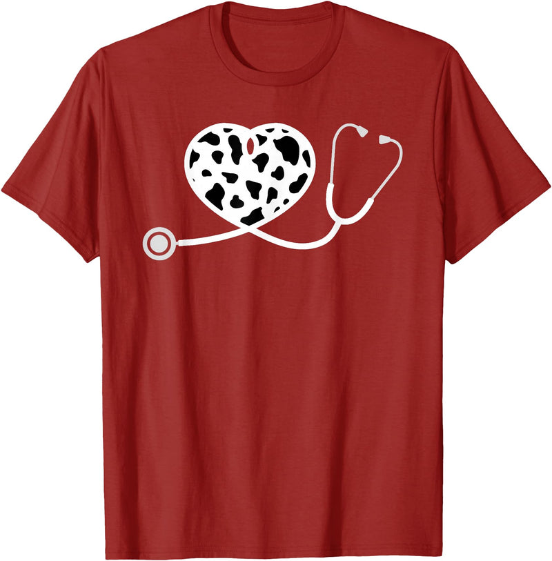 Cute Cow Print Design Stethoscope Gifts Him Her Cow Print Pattern Nurse Doctor Cardiology Stethoscope Heart T-Shirt -