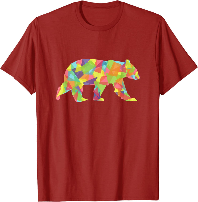 Fractal Trippy Colorful Rave Animal Tees Fractal Geometric Bear T-Shirt - Pastel Crystal Tee - Cranberry Red