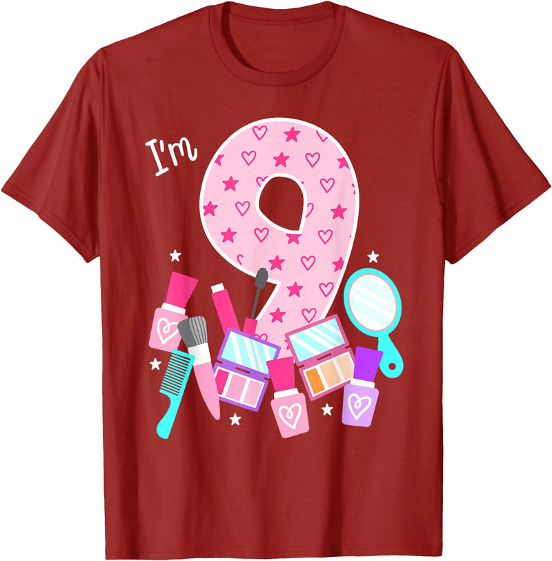 Birthday Girl Spa Squad Outfit Gifts Shop Spa Birthday Party I'm 9 Girls Makeup 9th Bday Kids Toddlers T-Shirt - Cranberry