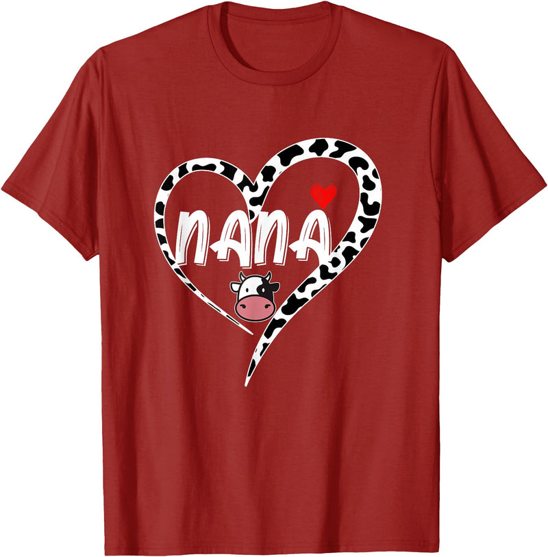 Black White Family Cow Farm Nana Cow Print Cow Heart Pattern Farmer Cows Mother's Day T-Shirt - Cranberry Red