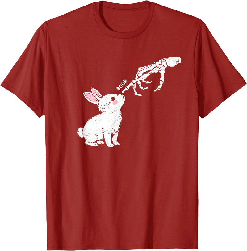 Cute Skeleton Hand Boop Bunny Rabbit Funny Easter Day T-Shirt in Cranberry Red