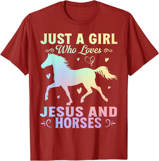 Jesus and Horses Christian Religious. Just A Girl Who Loves Jesus And Horses T-Shirt - Cranberry Red