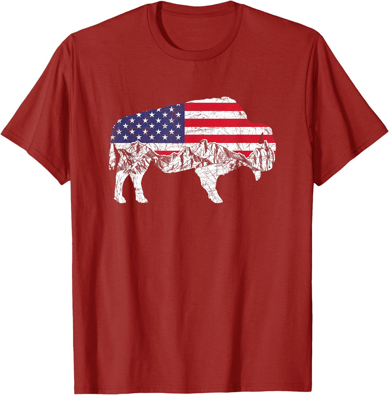 Gift for Animal Lovers & Fans Buffalo 4th Of July Patriotic US Flag American Buffalo Women Kids Men T-Shirt - Cranberry Red