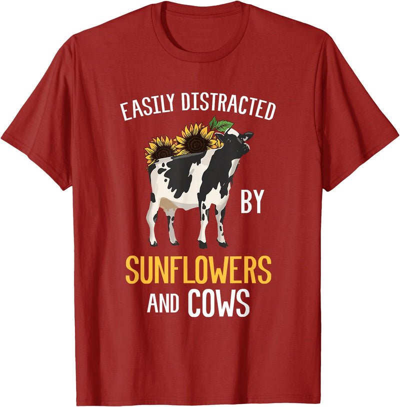 Funny Gift Idea for Sunflower and Cow Lovers Easily Distracted By Sunflowers and Cows T-Shirt - Cranberry Red