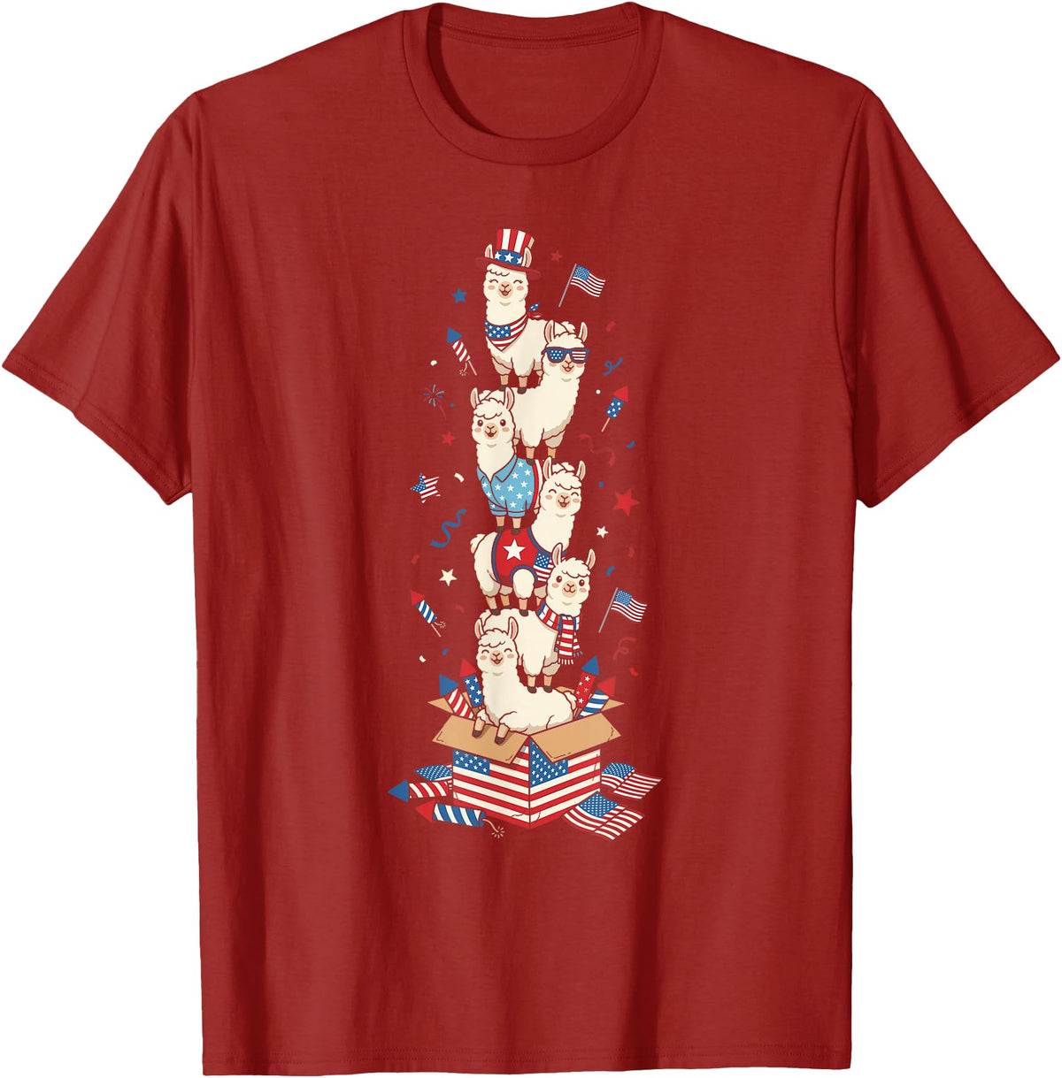 Llama Lovers USA Patriotic Outfits for Women Men Funny Llama American USA Flag Memorial Day 4th of July T-Shirt - Cranberry Red