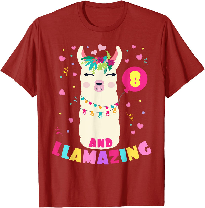 Llamazing Birthday Party Outfit Llama Lovers Llamazing 8 Years Old Girl Birthday Cute Llama Alpaca Kids T-Shirt - Cranberry Red