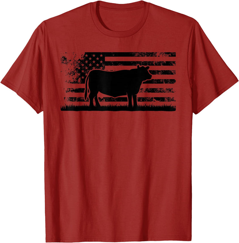 Funny Red Angus Rancher Gift for Cattle Lover USA American Flag - America Cow Red Angus Rancher T-Shirt - Cranberry Red