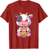 Bubble Milk Tea Cow Boba Tea Apparel Bubble Milk Tea Cow Cute Cow Drinking Boba Milk Tea T-Shirt - Cranberry Red