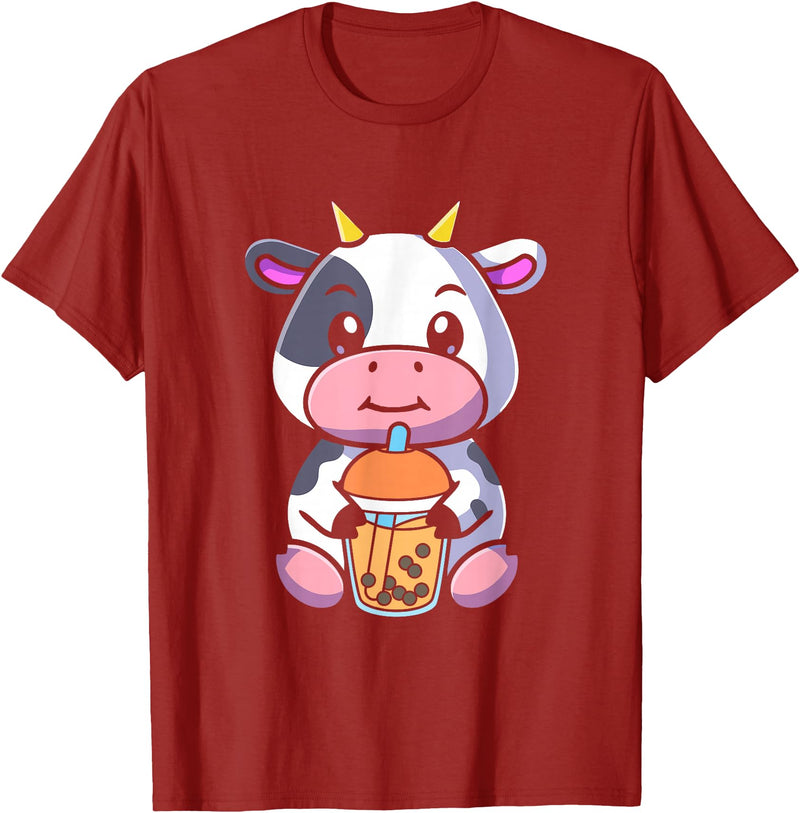 Bubble Milk Tea Cow Boba Tea Apparel Bubble Milk Tea Cow Cute Cow Drinking Boba Milk Tea T-Shirt - Cranberry Red