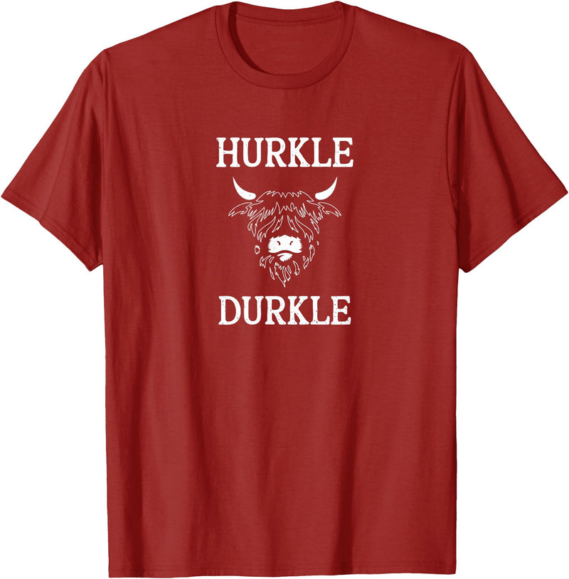 The Kilted Crow Hurkle Durkle Funny Scotland Highlands Cow Graphic T-Shirt - Cranberry Red