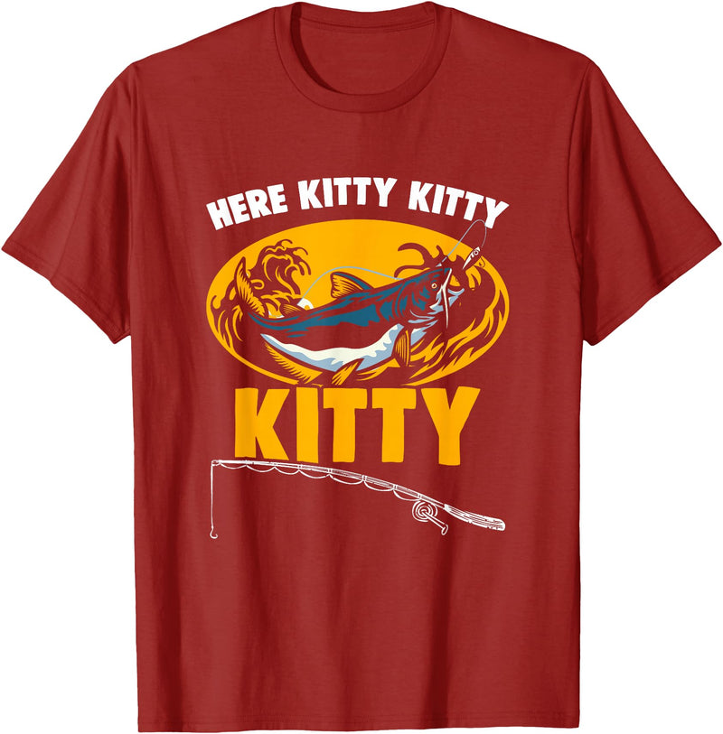 Fisherman Catfish Fishing Apparel Here Kitty Fisher Fish Rod Angler Fisherman Catfish Fishing T-Shirt - Cranberry Red