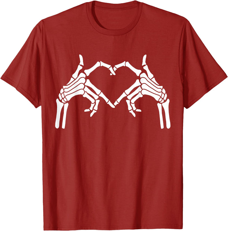 Skeleton Hand Halloween Trendy Novelty Graphic Art Skeleton Hands Heart Sign Halloween Tops T-Shirt - Cranberry Red