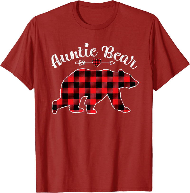 Red Plaid Bear Christmas Pajama Outfits Co. Red Plaid Christmas Costume Auntie Bear Ugly Holiday T-Shirt - Cranberry Red