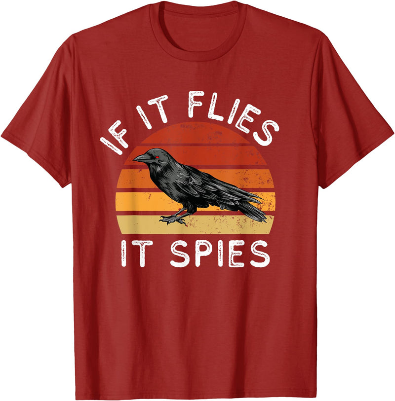 Funny If It Flies It Spies Clothing Co Vintage If It Flies It Spies Crow Bird Halloween T-Shirt - Cranberry Red