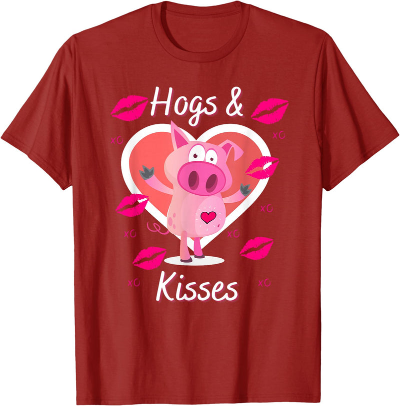 Love Heart Hogs & Kisses Funny Pig Pun on Hugs & Kisses T-Shirt - Cranberry Red