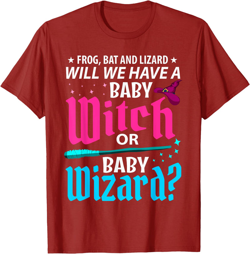 Halloween Gender Reveal Apparel Witch Or Wizard Gender Reveal Baby Shower Party Celebration T-Shirt - Cranberry Red