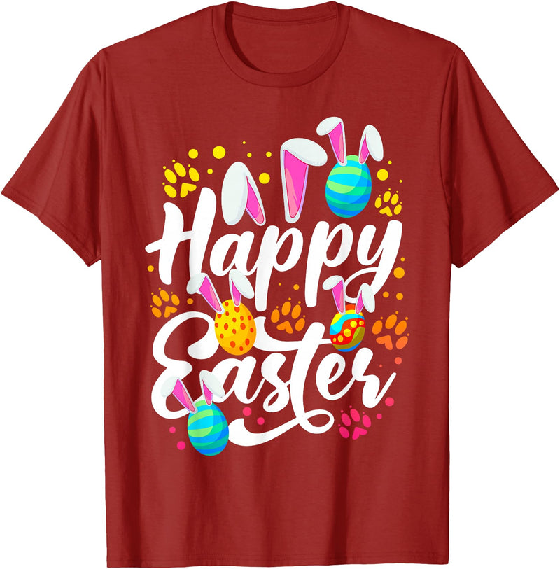 Funny Happy Easter Eggs with Easter Bunny Rabbit Ears T-Shirt in Cranberry Red