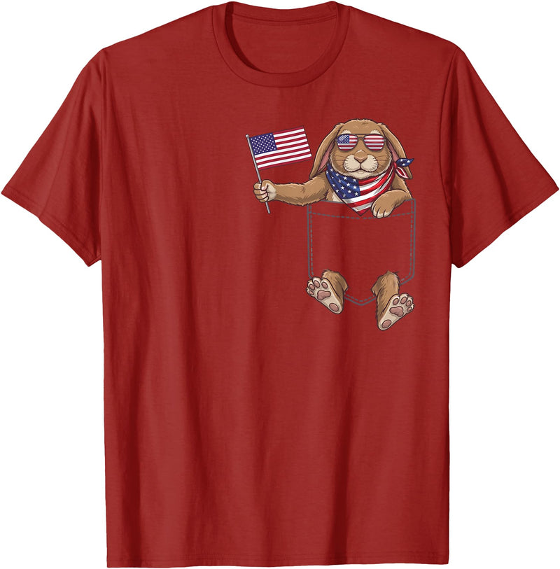 Rabbit Pocket Patriotic American Flag 4th of July USA T-Shirt in Cranberry Red