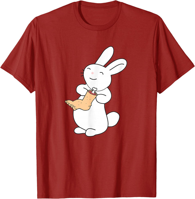 Lucky White Rabbit Human Foot T-Shirt in Cranberry Red