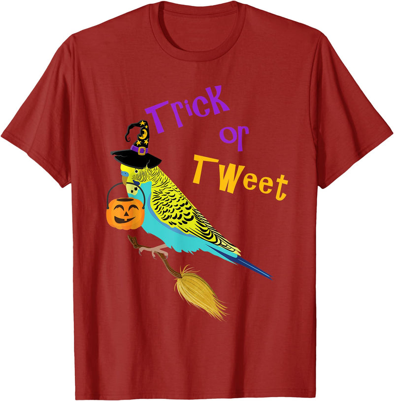 Bird Brained Halloween Trick or Tweet blue budgie cute graphic bird T-Shirt - Cranberry Red